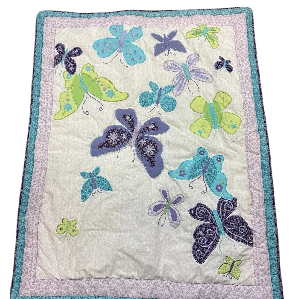 NoJo Butterfly Baby‎ Quilt Purple Teal Appliqué Blanket Crown Crafts vintage